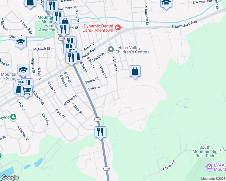 map of restaurants, bars, coffee shops, grocery stores, and more near 9 East Mountain Road in Allentown