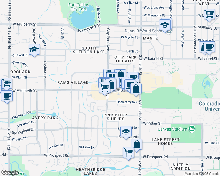 map of restaurants, bars, coffee shops, grocery stores, and more near 1336 West Elizabeth Street in Fort Collins
