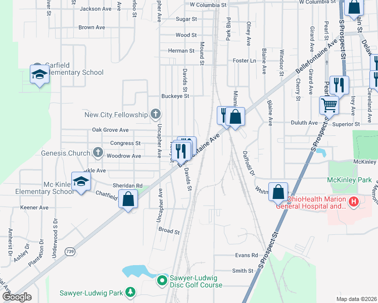 map of restaurants, bars, coffee shops, grocery stores, and more near 765 Davids St in Marion