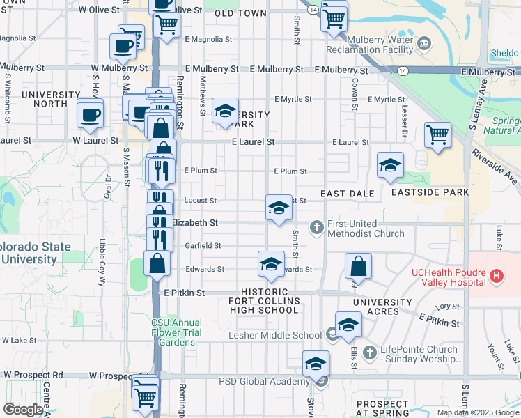 map of restaurants, bars, coffee shops, grocery stores, and more near 905 Whedbee Street in Fort Collins