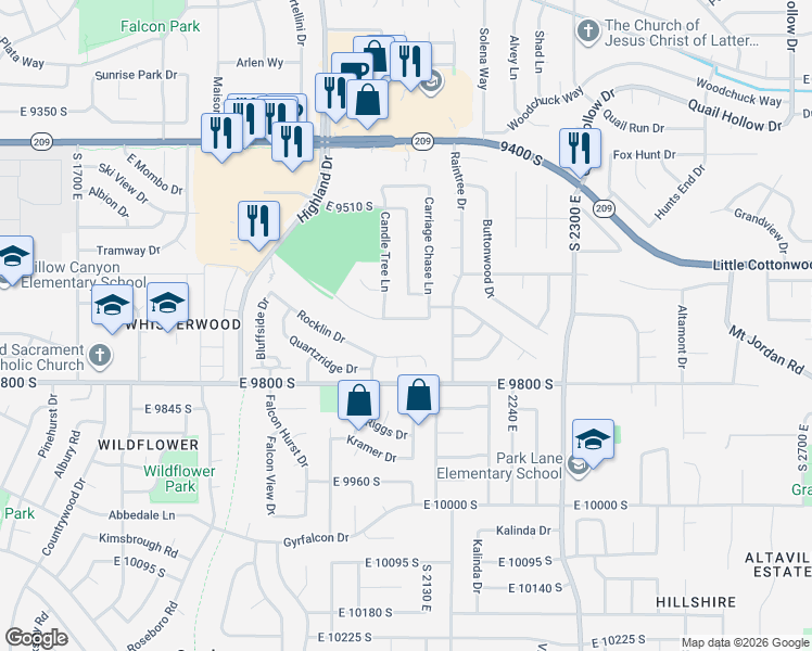 map of restaurants, bars, coffee shops, grocery stores, and more near 2094 Candle Spruce Cove in Sandy