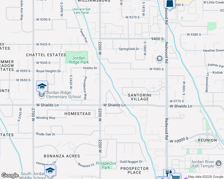 map of restaurants, bars, coffee shops, grocery stores, and more near 9701 Pinebrook Drive in South Jordan