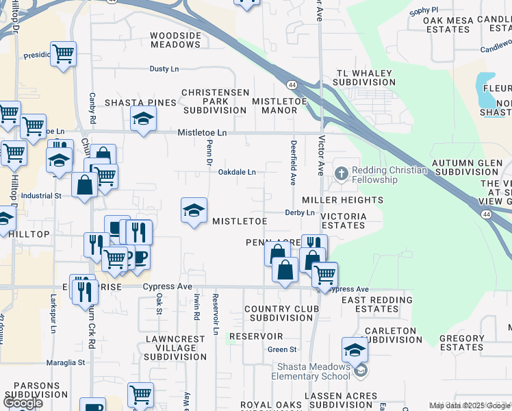 map of restaurants, bars, coffee shops, grocery stores, and more near 1565 Becky Way in Redding