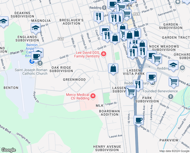 map of restaurants, bars, coffee shops, grocery stores, and more near 2233 Vista Avenue in Redding