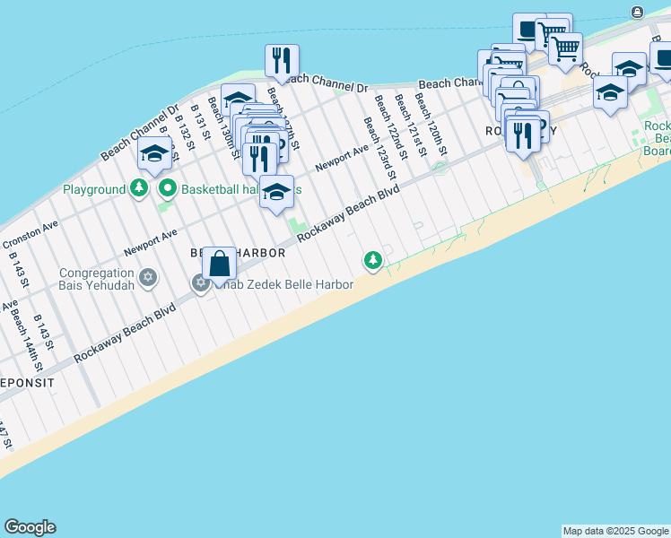 map of restaurants, bars, coffee shops, grocery stores, and more near 153 Beach 128th Street in Queens