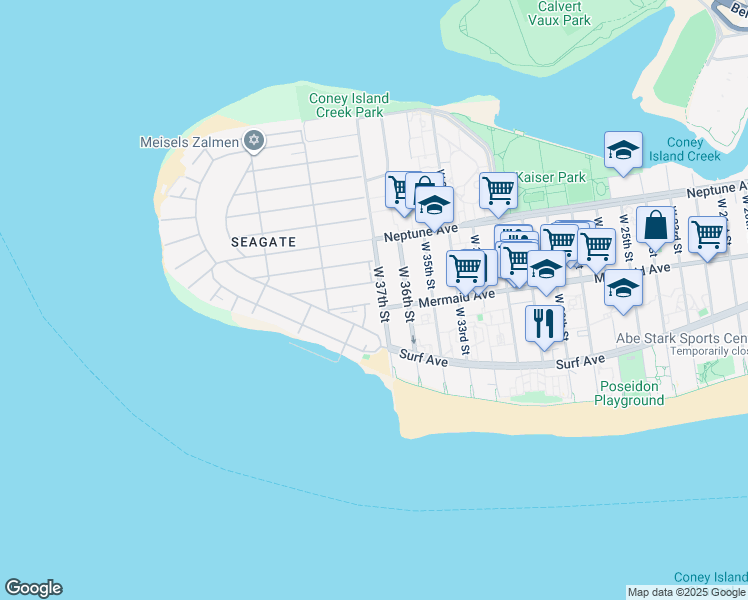 map of restaurants, bars, coffee shops, grocery stores, and more near 3623 Mermaid Avenue in Brooklyn
