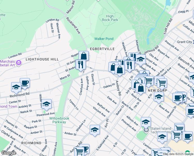 map of restaurants, bars, coffee shops, grocery stores, and more near 27 Ebony Street in Staten Island