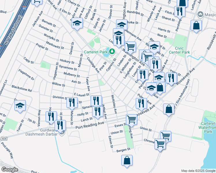 map of restaurants, bars, coffee shops, grocery stores, and more near 13 Coolidge Avenue in Carteret