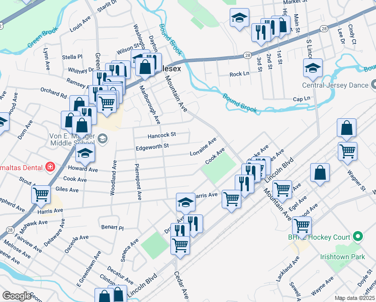 map of restaurants, bars, coffee shops, grocery stores, and more near 545 Lorraine Avenue in Middlesex