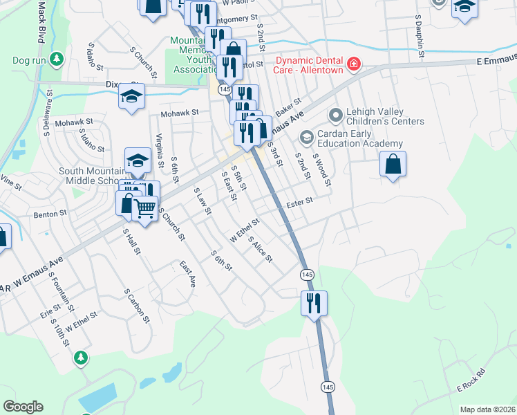 map of restaurants, bars, coffee shops, grocery stores, and more near 2402 South 5th Street in Allentown