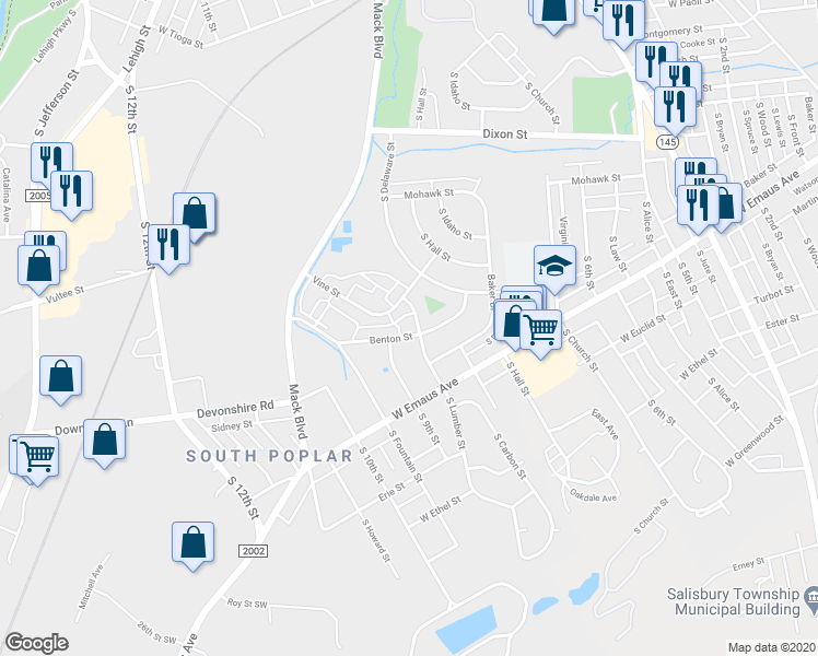 map of restaurants, bars, coffee shops, grocery stores, and more near 2106 South Lumber Street in Allentown