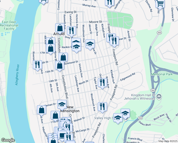 map of restaurants, bars, coffee shops, grocery stores, and more near 510 McCandless Street in New Kensington