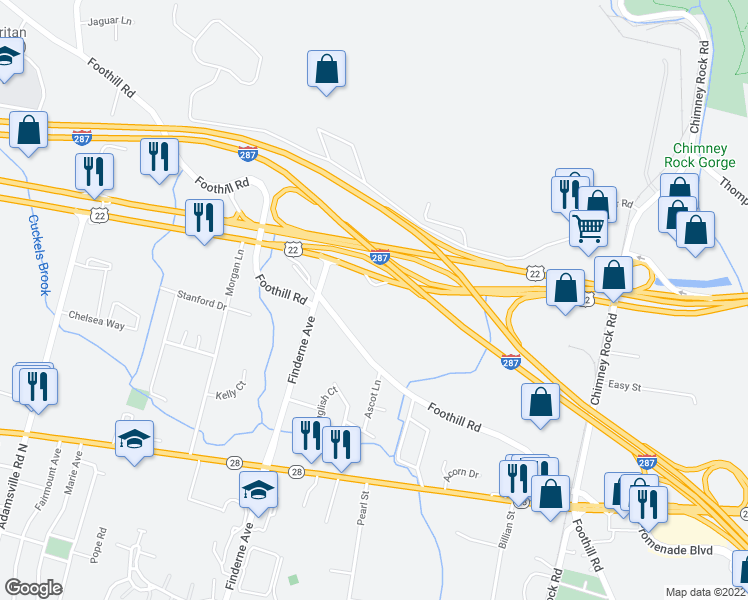 map of restaurants, bars, coffee shops, grocery stores, and more near 1400 U.S. 22 in Bridgewater