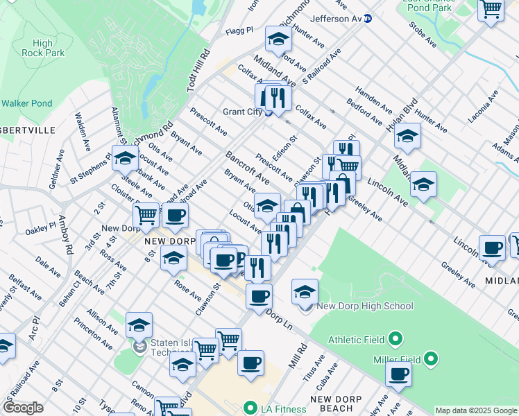 map of restaurants, bars, coffee shops, grocery stores, and more near 224 Bryant Avenue in Staten Island