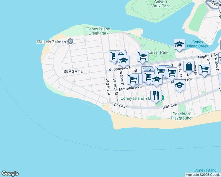 map of restaurants, bars, coffee shops, grocery stores, and more near 3623 Mermaid Avenue in Brooklyn