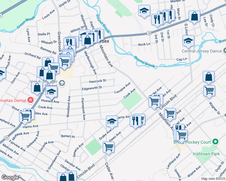 map of restaurants, bars, coffee shops, grocery stores, and more near 545 Lorraine Avenue in Middlesex