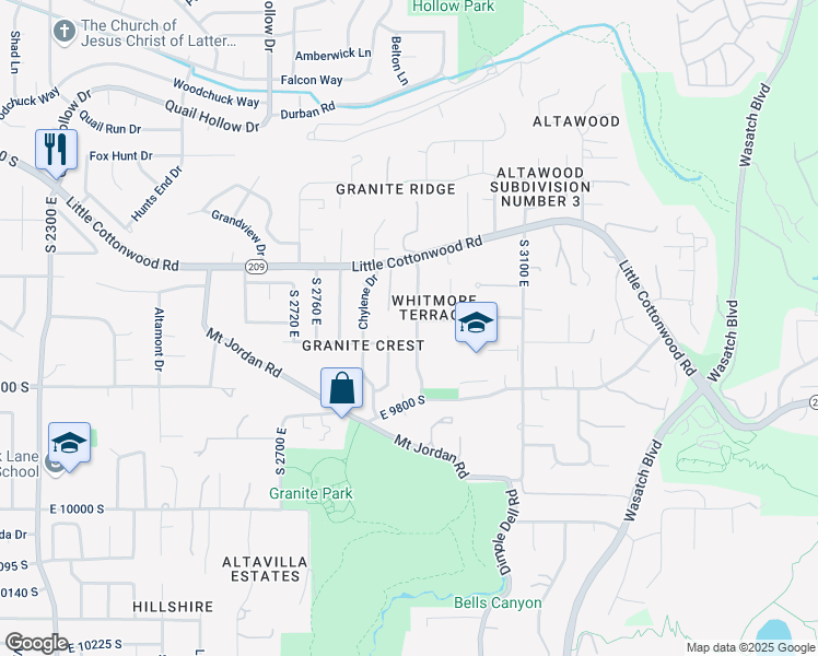 map of restaurants, bars, coffee shops, grocery stores, and more near 9698 Carriagehouse Ln in Sandy