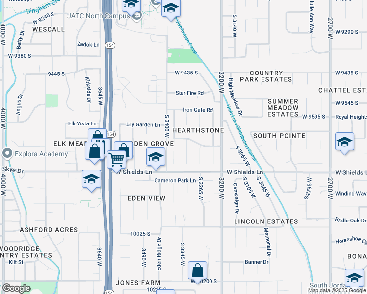 map of restaurants, bars, coffee shops, grocery stores, and more near 9706 Hearthstone Circle in South Jordan