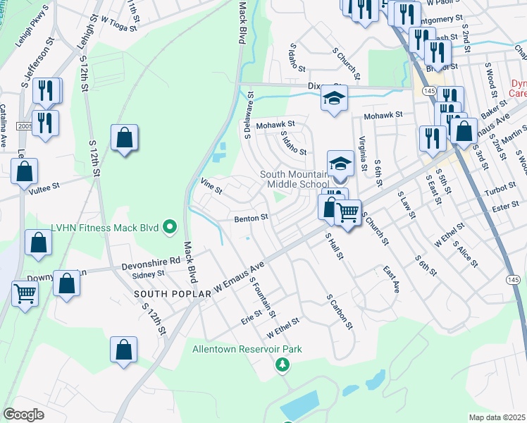 map of restaurants, bars, coffee shops, grocery stores, and more near 2112 South Lumber Street in Allentown