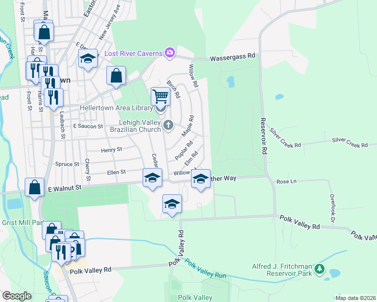 map of restaurants, bars, coffee shops, grocery stores, and more near 881 Elm Road in Hellertown