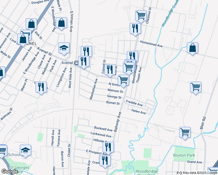 map of restaurants, bars, coffee shops, grocery stores, and more near 57 Commercial Avenue in Woodbridge Township