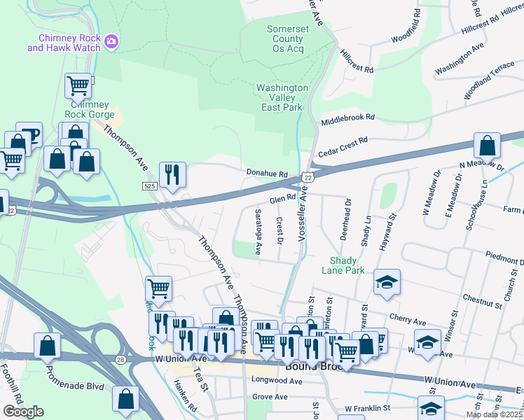 map of restaurants, bars, coffee shops, grocery stores, and more near 16 Saratoga Avenue in Bound Brook