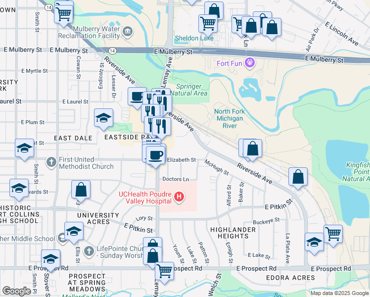 map of restaurants, bars, coffee shops, grocery stores, and more near 1200 East Elizabeth Street in Fort Collins
