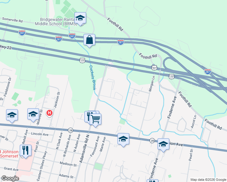 map of restaurants, bars, coffee shops, grocery stores, and more near 57 Chelsea Way in Bridgewater Township