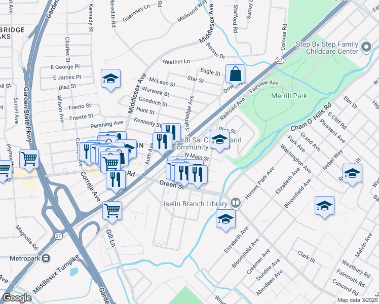 map of restaurants, bars, coffee shops, grocery stores, and more near 126 North Main Street in Woodbridge Township
