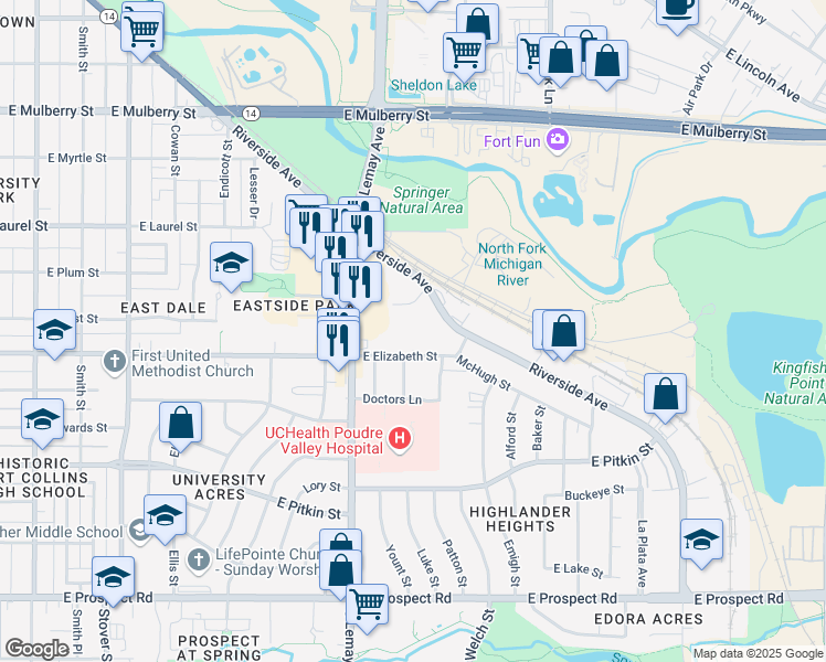 map of restaurants, bars, coffee shops, grocery stores, and more near 1200 East Elizabeth Street in Fort Collins