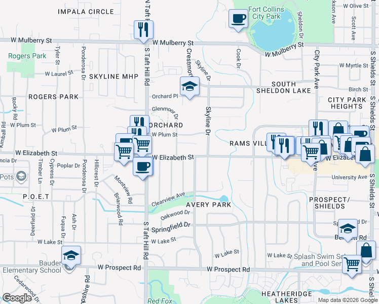 map of restaurants, bars, coffee shops, grocery stores, and more near 1912 West Elizabeth Street in Fort Collins