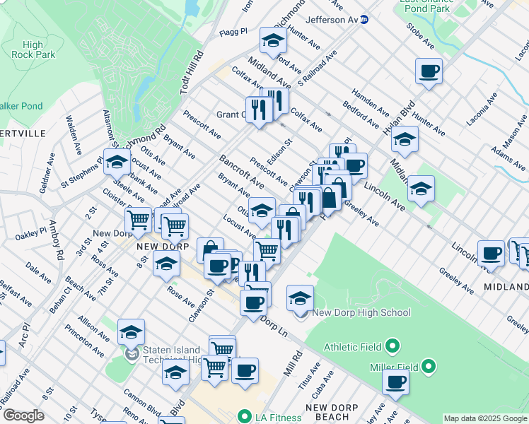 map of restaurants, bars, coffee shops, grocery stores, and more near 224 Bryant Avenue in Staten Island
