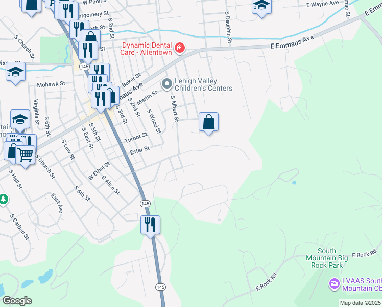 map of restaurants, bars, coffee shops, grocery stores, and more near 130 East Mountain Road in Allentown