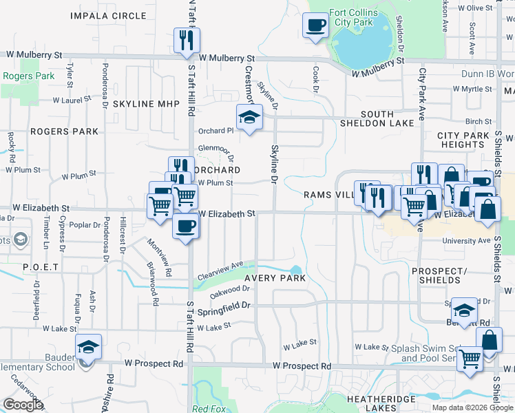 map of restaurants, bars, coffee shops, grocery stores, and more near 1912 West Elizabeth Street in Fort Collins