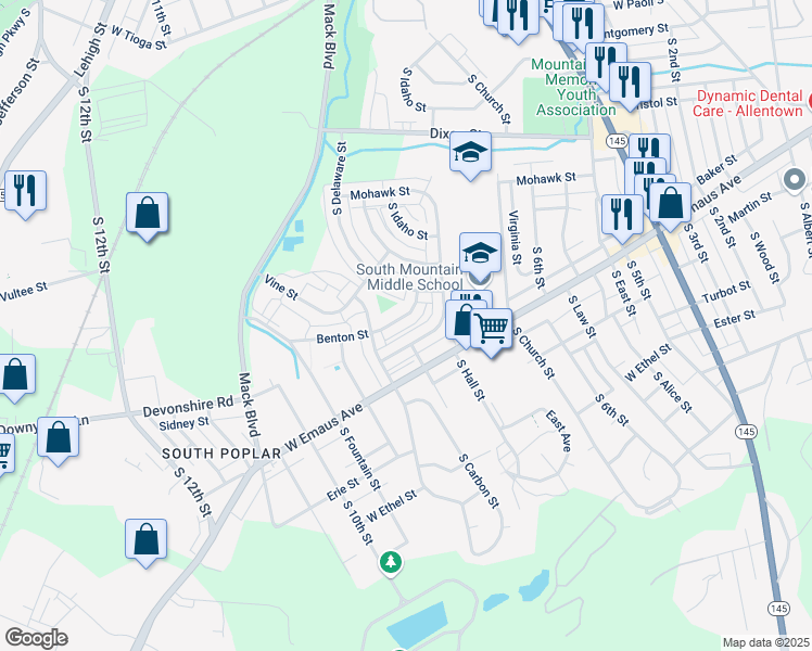 map of restaurants, bars, coffee shops, grocery stores, and more near 813 Benton Street in Allentown