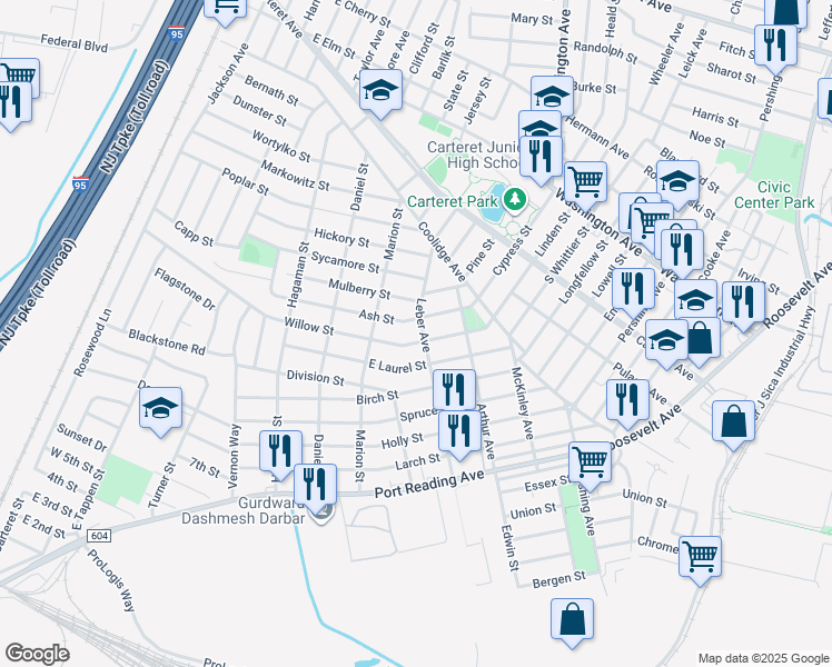 map of restaurants, bars, coffee shops, grocery stores, and more near 61 Leber Avenue in Carteret