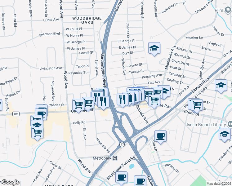 map of restaurants, bars, coffee shops, grocery stores, and more near 51 Hillcrest Avenue in Woodbridge Township