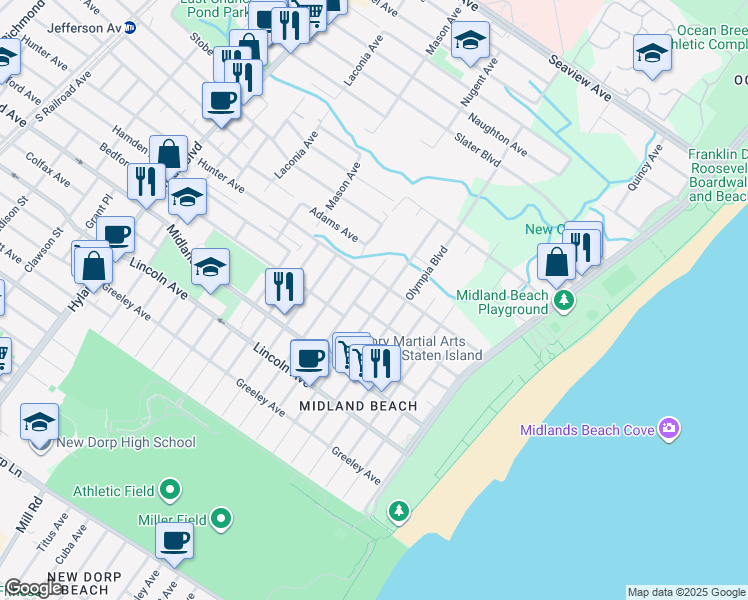 map of restaurants, bars, coffee shops, grocery stores, and more near 183 Freeborn Street in Staten Island