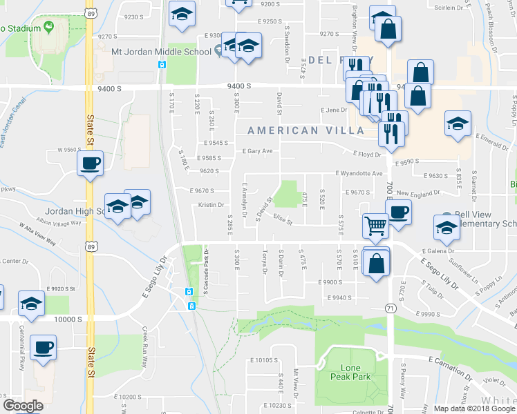 map of restaurants, bars, coffee shops, grocery stores, and more near 301 David Court in Sandy