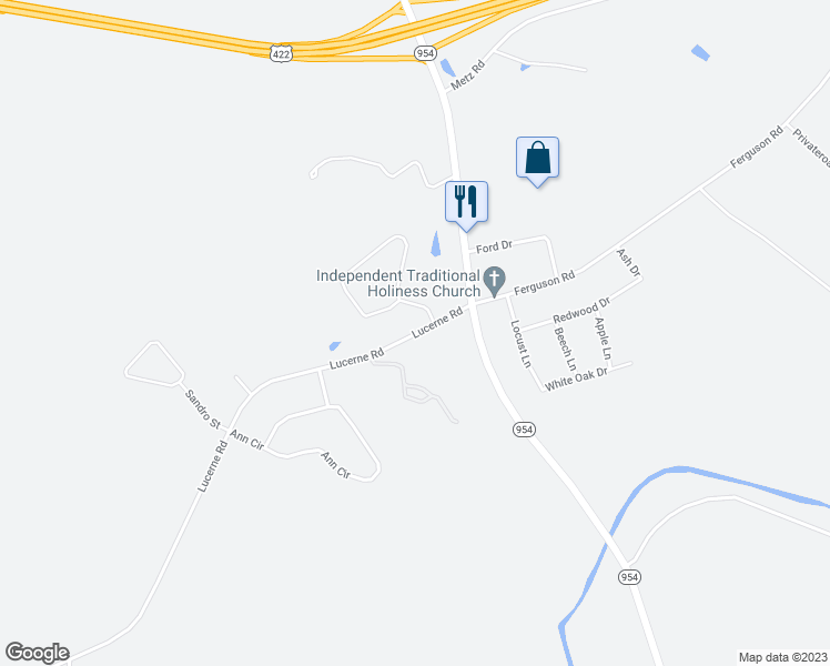 map of restaurants, bars, coffee shops, grocery stores, and more near 4881 Lucerne Road in Indiana