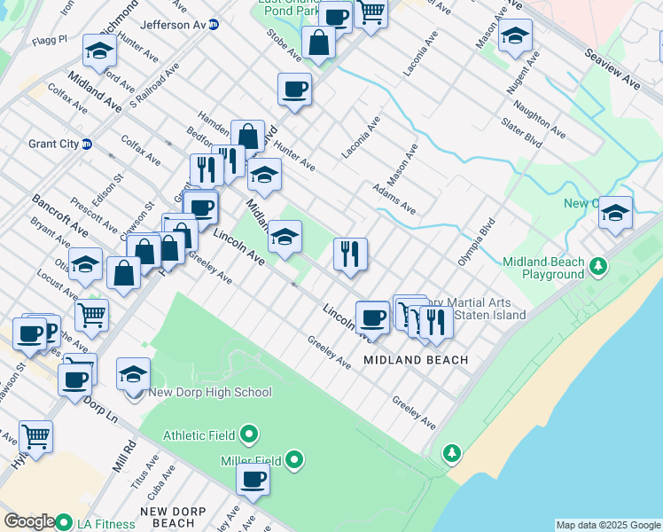 map of restaurants, bars, coffee shops, grocery stores, and more near 1194 Mason Avenue in Staten Island