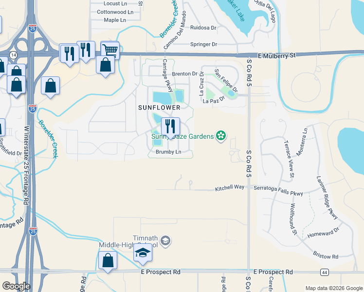 map of restaurants, bars, coffee shops, grocery stores, and more near 1028 Frisian Drive in Fort Collins