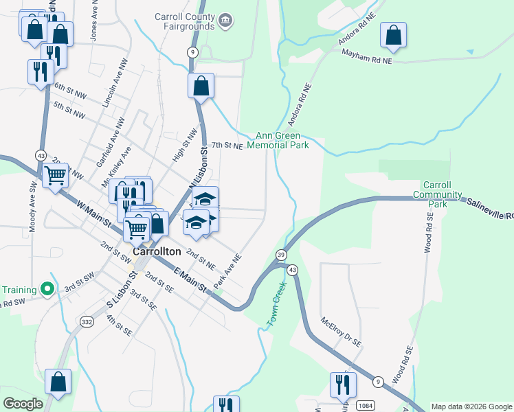 map of restaurants, bars, coffee shops, grocery stores, and more near 293 4th Street Northeast in Carrollton