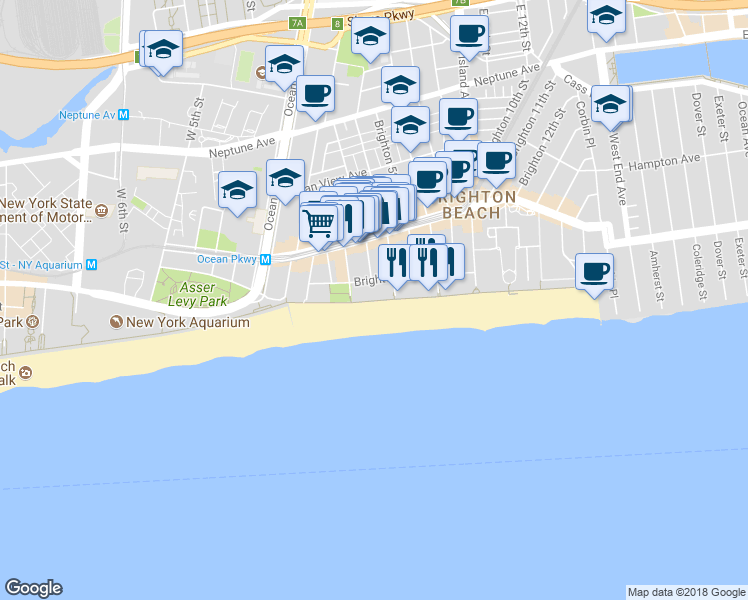 map of restaurants, bars, coffee shops, grocery stores, and more near 311 Riegelmann Boardwalk in Brooklyn