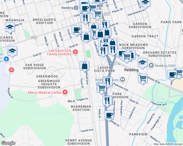map of restaurants, bars, coffee shops, grocery stores, and more near 2352 Waldon Street in Redding