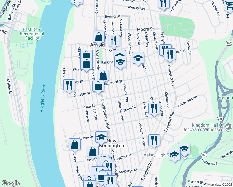 map of restaurants, bars, coffee shops, grocery stores, and more near 1607 Leishman Avenue in New Kensington