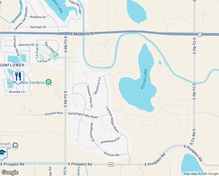 map of restaurants, bars, coffee shops, grocery stores, and more near 1039 Larimer Ridge Parkway in Fort Collins