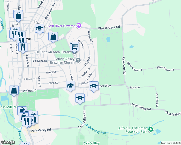 map of restaurants, bars, coffee shops, grocery stores, and more near 881 Elm Road in Hellertown