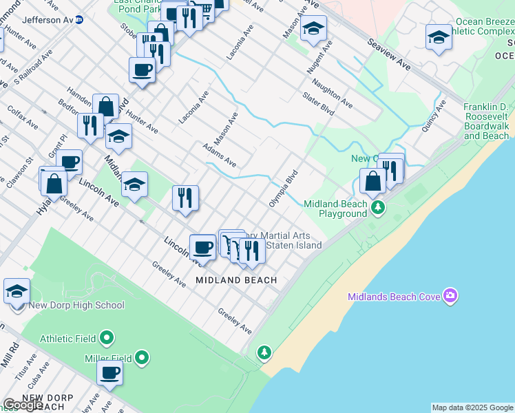 map of restaurants, bars, coffee shops, grocery stores, and more near 183 Freeborn Street in Staten Island