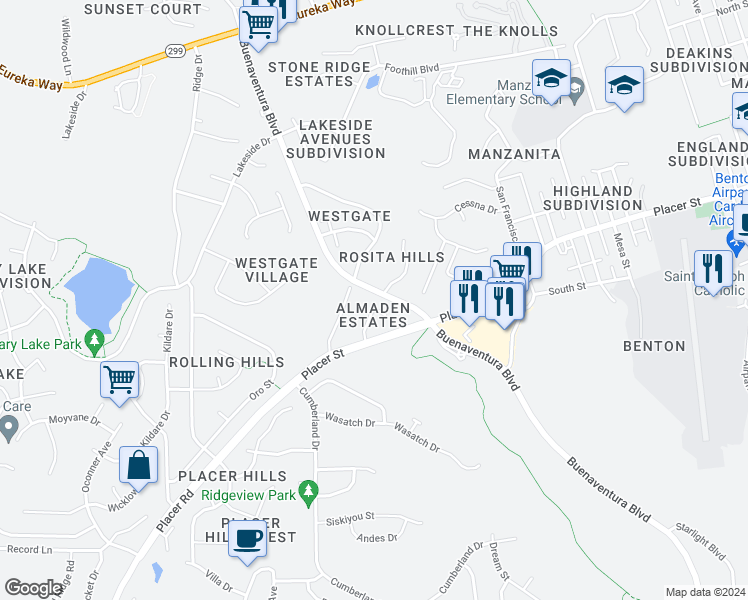 map of restaurants, bars, coffee shops, grocery stores, and more near 1738 Almaden Drive in Redding